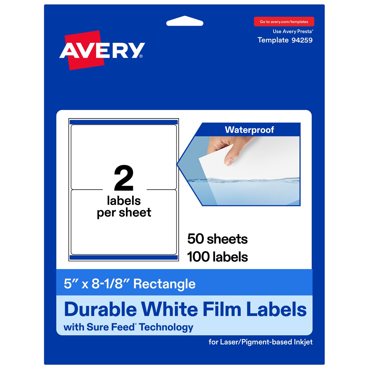 Avery Durable Waterproof Rectangle Labels with Sure Feed, 5" x 8-1/8"